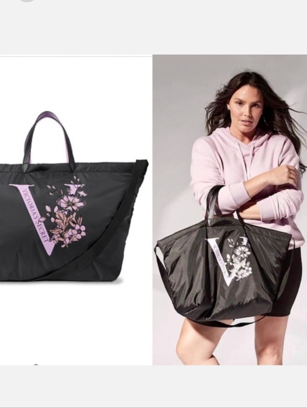 Victoria's Secret Black Tote with Purple Pink Floral V Logo